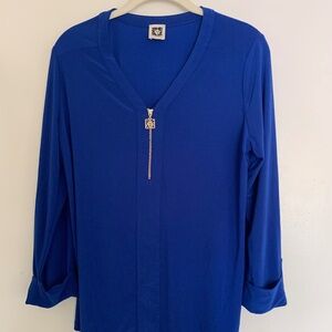 Anne Klein Royal Blue Zip Front Blouse Gold Zipper Tab Sleeve Top Size S